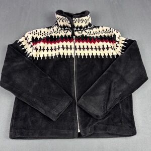 BC Clothing Original Fleece Jacket Fair Isle Black White Red Faux Fur Collar M
